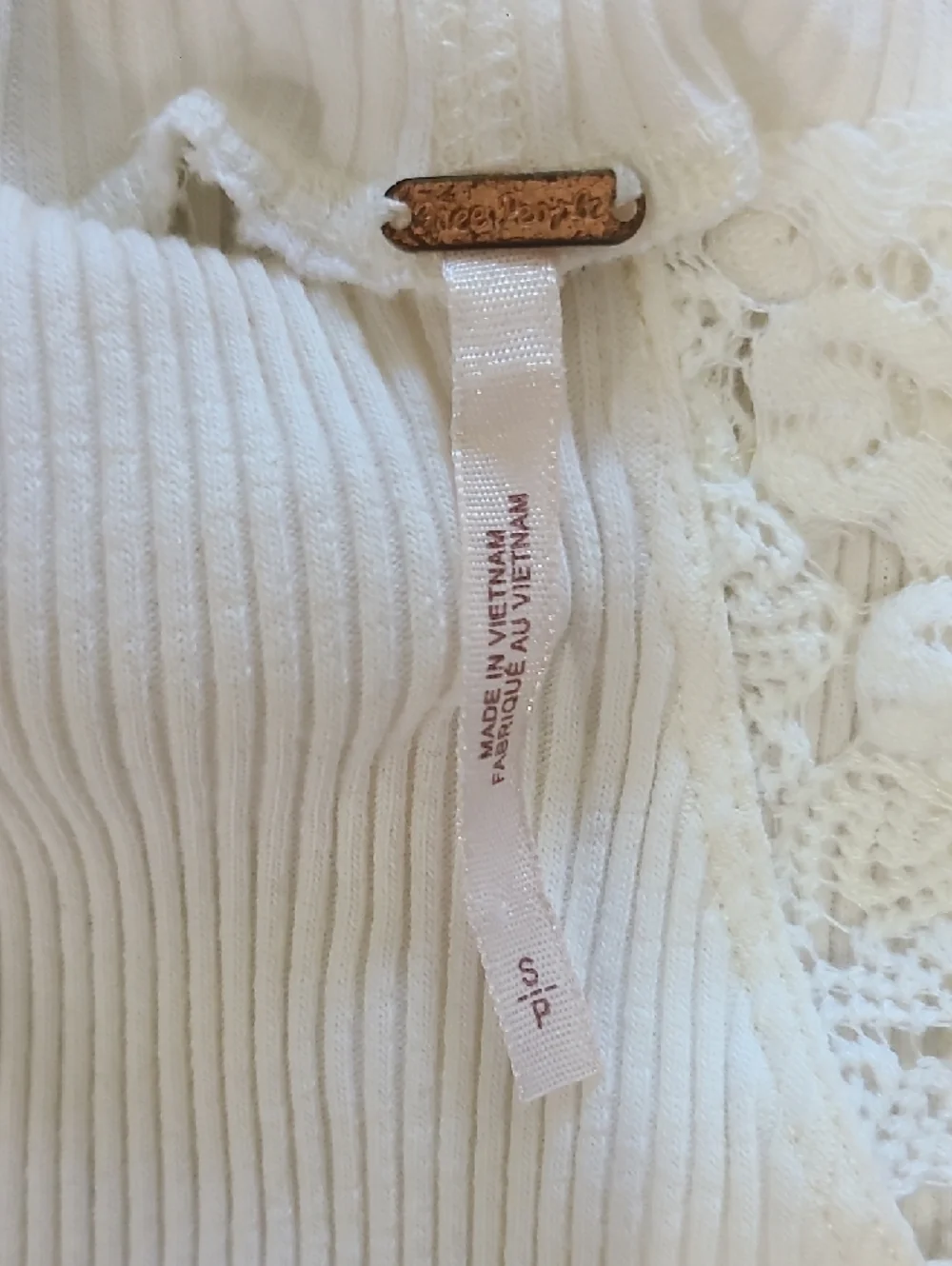 Free People Ivory Lace-Panel Ribbed Long Sleeve Top